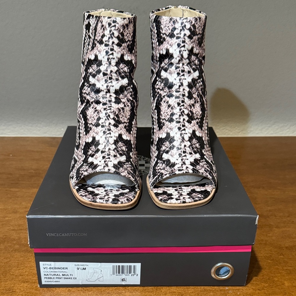 Vince Camuto Black and White Snake Print Peep-Toe Booties